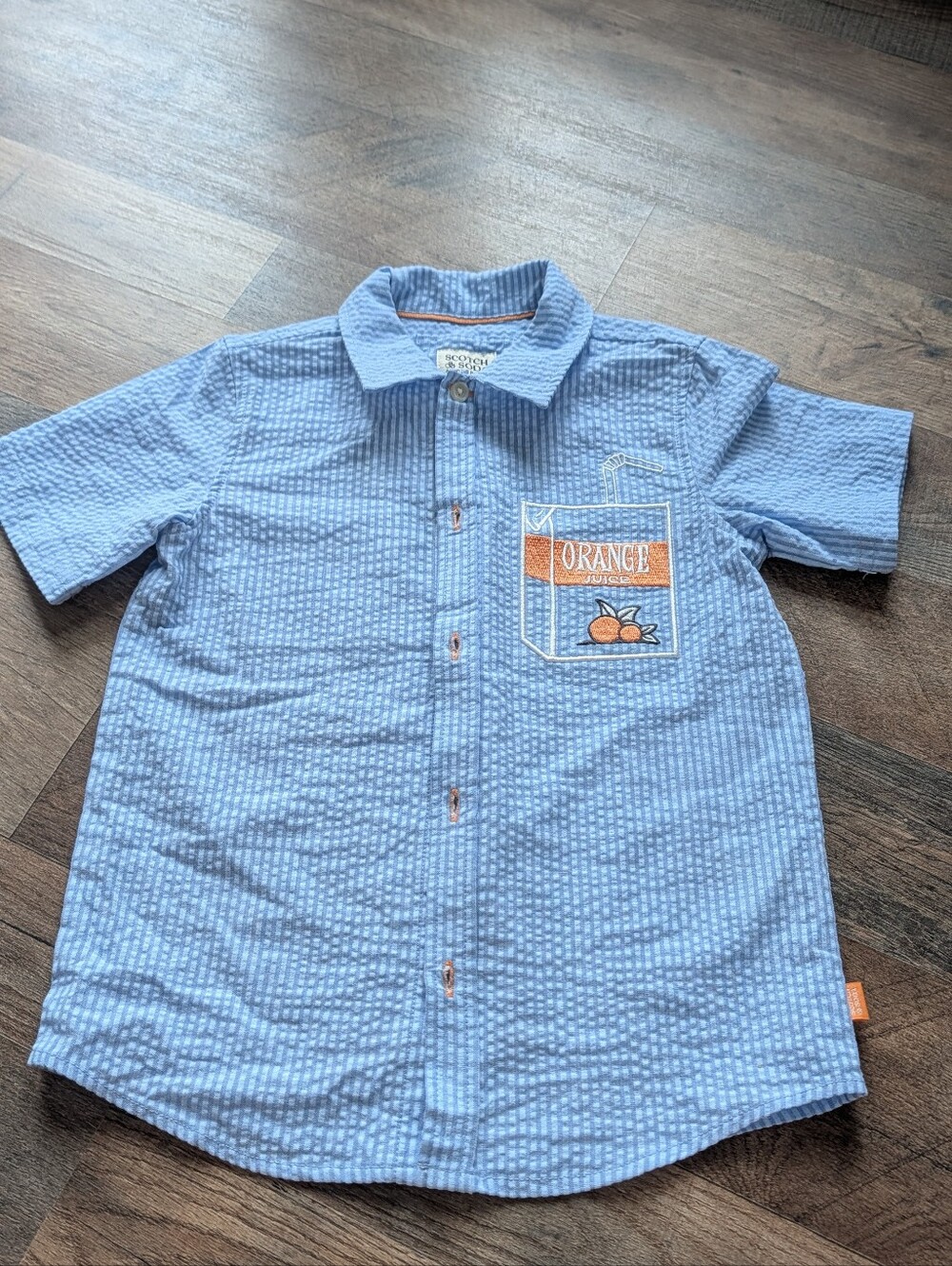 Scotch & Soda Boys Blue Seersucker Orange Juice Button Down Shirt Kids Size 6